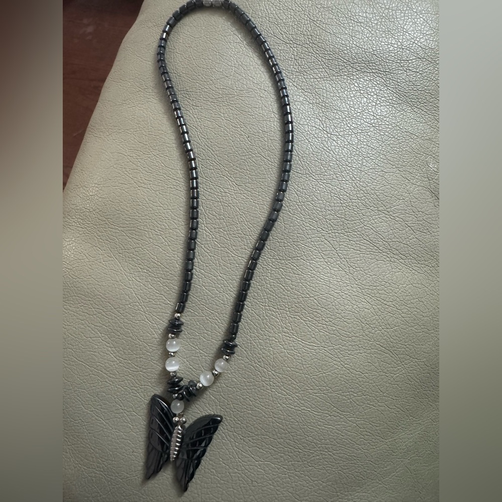 Black Hematite Beaded Necklace with Butterfly Pendant